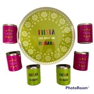Party Fiesta Round Drink Serving Tray Set with 6 Metal Tumblers NEW